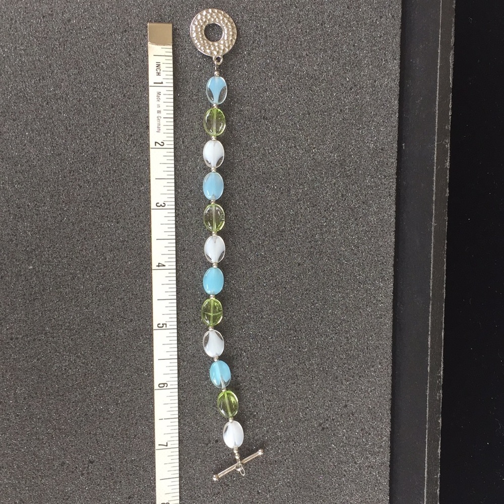 Artisan created; Adorable Aqua, white & green bracelet.